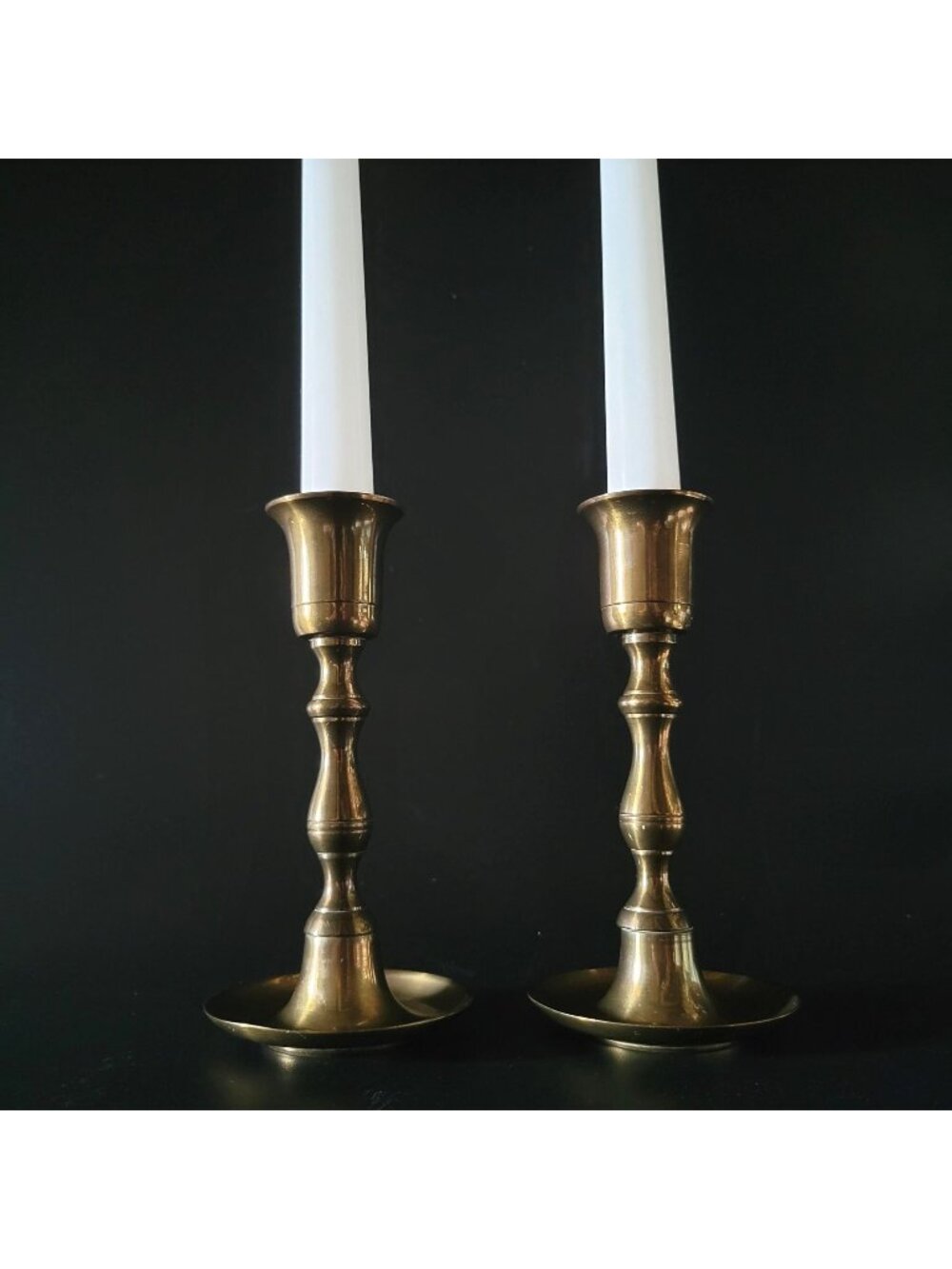 Pair of Vintage Brass Candlestick Holders w Baluster Stems and Drip Base 5.625"